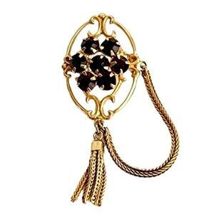 Vintage Black Rhinestone Brooch Tassel Chain Movement Pin 60s Retro Gold Tone